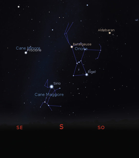 Pannello 7 - Foto 3: Orizzonte sud: il triangolo invernale con le relative costellazioni | © Stellarium