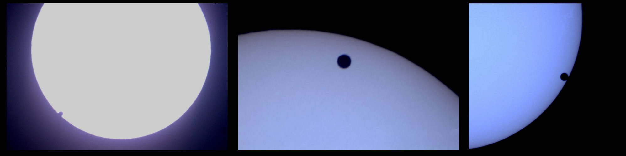 Il transito di Venere sul disco solare ha luogo quando Sole-Venere-Terra sono allineati, con Venere tra la Terra ed il Sole. È una specie di eclisse, però Venere non riesce a coprire il disco solare, nonostante sia il pianeta più vicino alla Terra, a causa della sua grande distanza dalla Terra (poco più di 40 milioni di chilometri). Vediamo così un piccolo puntino nero sul Sole (Venere in controluce), anche a occhio nudo se muniti di un filtro solare; questo ci dà l'idea della grandezza del Sole: ci vorrebbero quasi mezzo milione di pianeti come la Terra o come Venere per riempire un volume pari a quello della nostra stella. Un tempo i transiti di Venere e Mercurio erano usati per determinare la distanza ed il diametro del Sole; ora sono seguiti perlopiù dagli astrofili. Nelle immagini il transito di Venere sul disco solare dell'8 giugno 2004. (foto e testo Ochner)