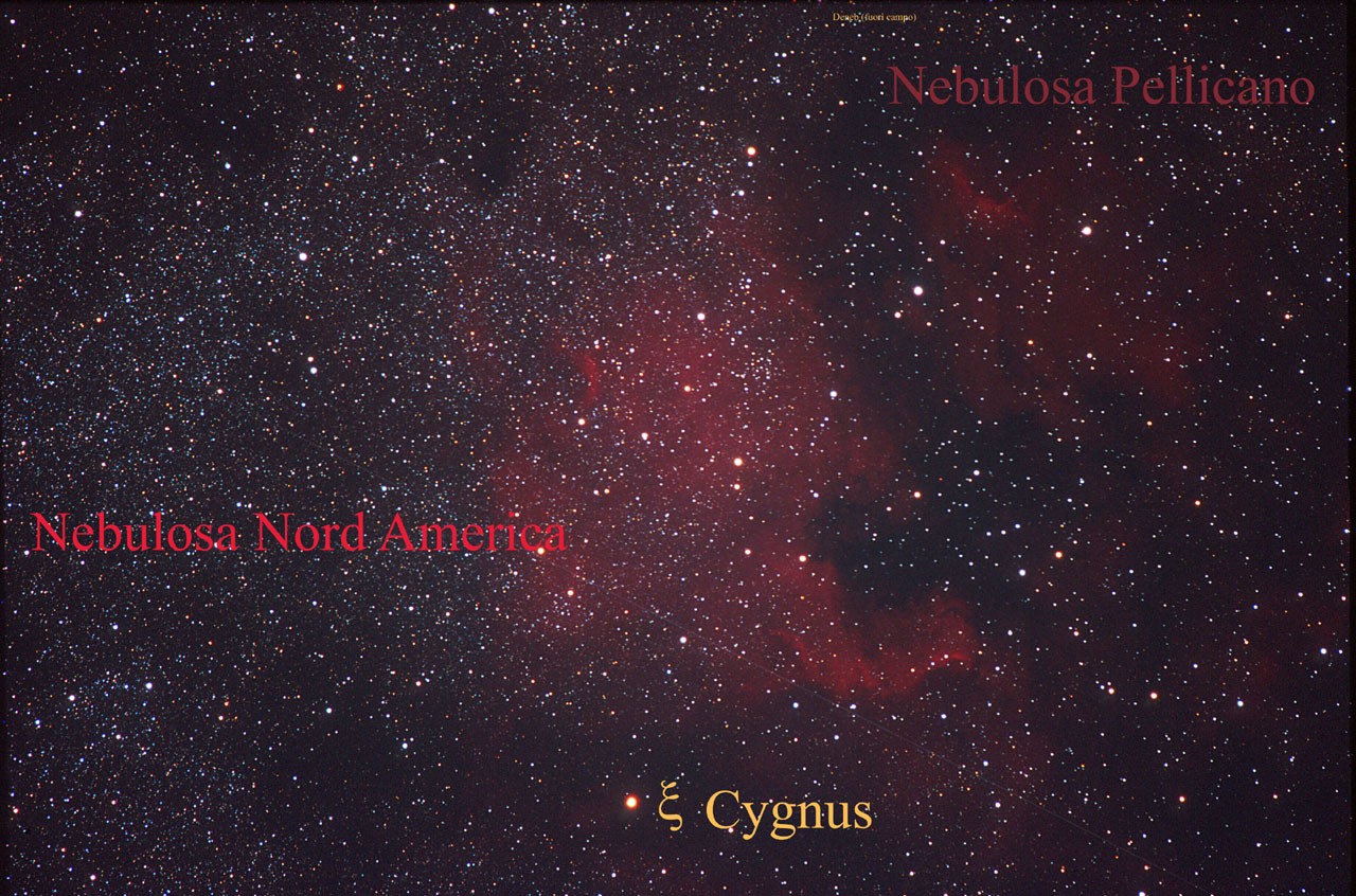 La nebulosa Nord America è un insieme di gas, perlopiù idrogeno ed elio, che si trova nella costellazione del Cigno, vicino alla stella Deneb. Osservandola con un binocolo non è possibile apprezzarne il colore perchè il nostro occhio, al buio, non percepisce i colori. È comunque piacevole l'osservazione di una miriade di piccolissime stelle, contornate da un alone grigiastro. È necessario, naturalmente, un cielo terso senza Luna. Le immagini sono scattate dall'Osservatorio Astronomico Monte Zugna, utilizzando un teleobiettivo con 400mm di focale, f./2.8, su pellicola Kodak E200, posa 10'. (testo e foto P.Ochner)